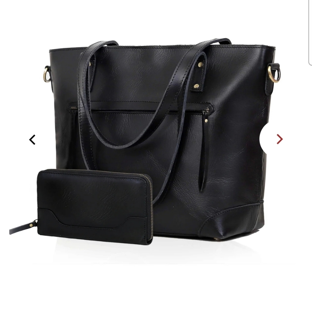 MARILYN BUFFALO LEATHER TOTE BAG - Black - Tote + Matching Wallet